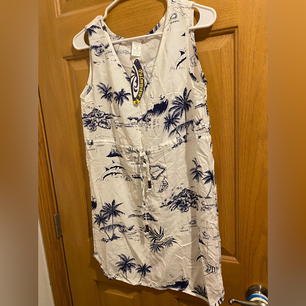 Tropical V-Neck Drawstring Sundress in White & Navy